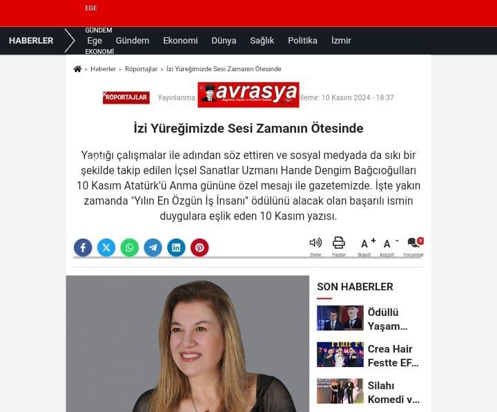 Avrasya Gazetesinde Yayınlanan 10 Kasım Mesajımız